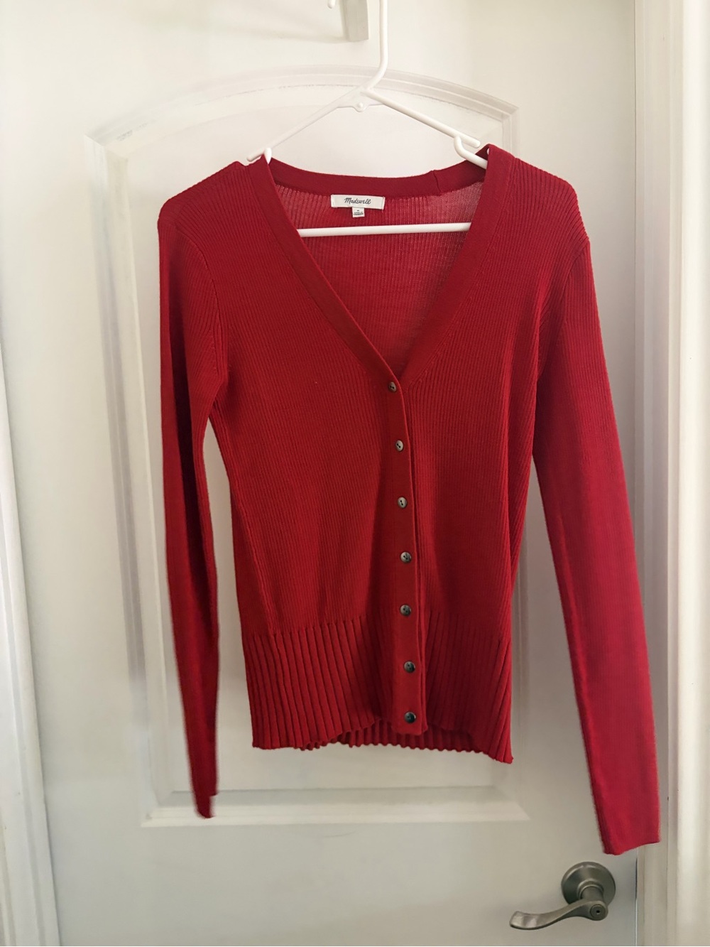 Madewell merino-silk blend Red Ribbed Button-Front Sweater Cardigan